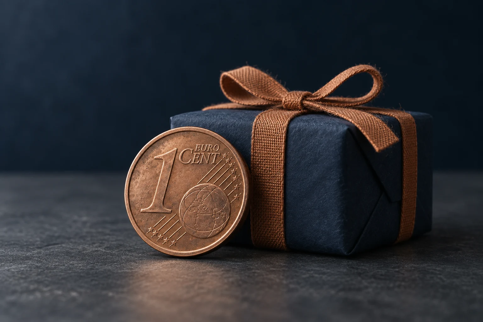 Eine kupferfarbene 1-Cent-Münze neben einem dunkelblauen Geschenk mit Stoffschleife